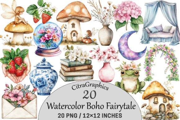 Download Watercolor Boho Fairytale Clipart. - Boho Collection