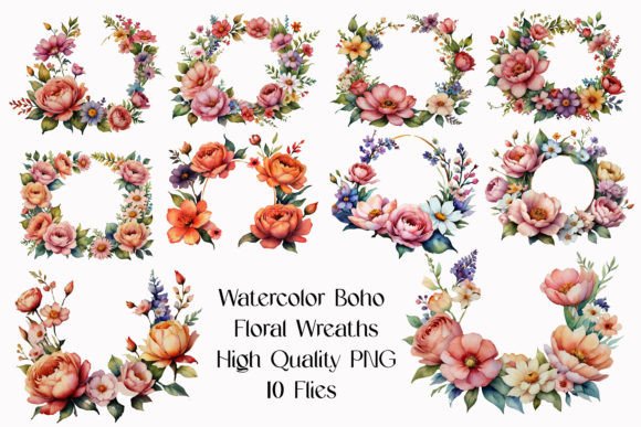 Download Watercolor Boho Floral Wreath Clipart - Boho Collection