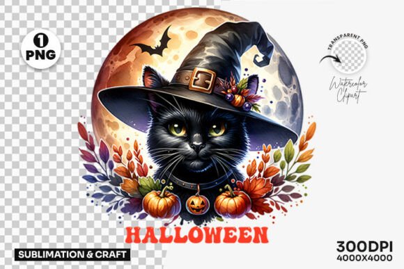 Download Halloween Black Cat Witch Hat Clipart - Premium Bundle