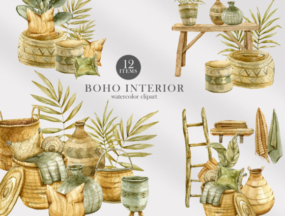 Download Watercolor Boho Interior Decor Clipart - Boho Collection