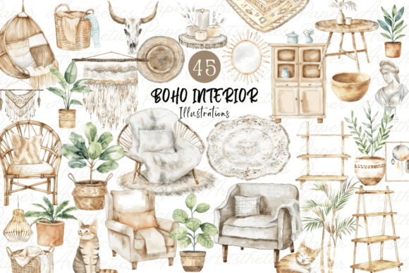Download Watercolor Boho Interior Decor Clipart - Boho Collection